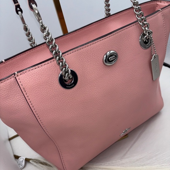COACH Pink Turnlock Chain Tote 27 in Polished Pebble Leather pink Valentines - Picture 6 of 16